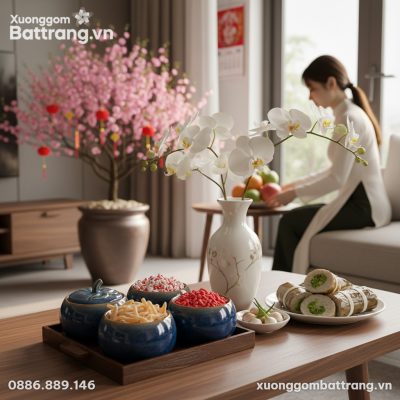 Bộ 4 hũ đựng mứt men hỏa biến Bát Tràng với dán...