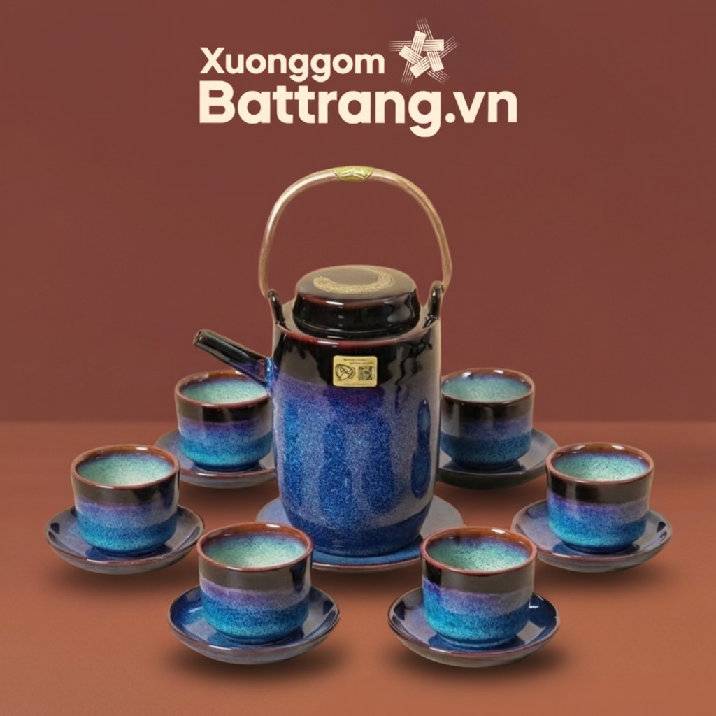 Bộ ấm chén dáng cao men hỏa biến xanh Bát Tràng XG-AC12