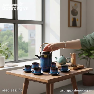 Bộ ấm chén men hỏa biến xanh Bát Tràng quai đồn...