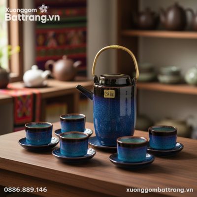 Chụp cận cảnh bộ ấm chén men hỏa biến xanh Bát ...