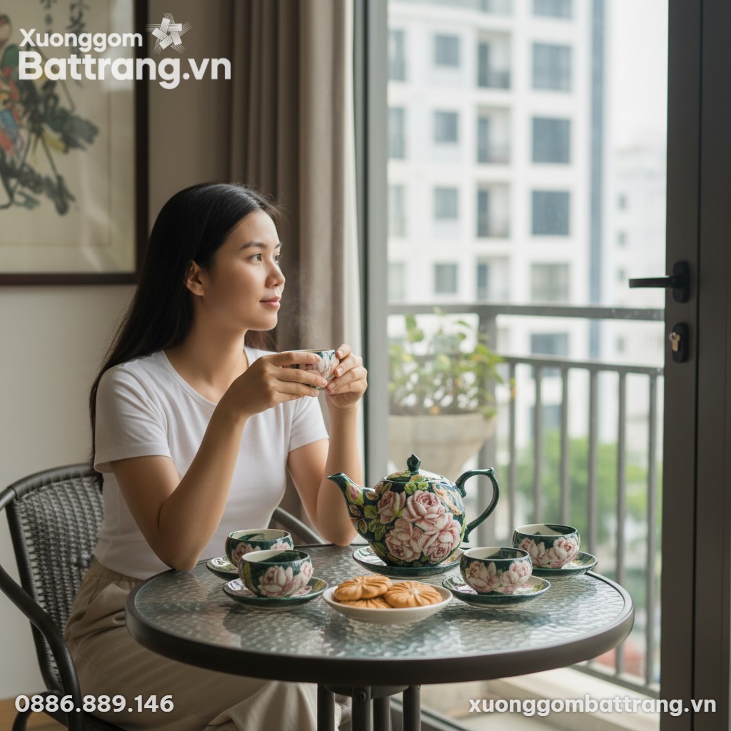 Bộ ấm chén hoa hồng Bát Tràng trên bàn trà gỗ, ...