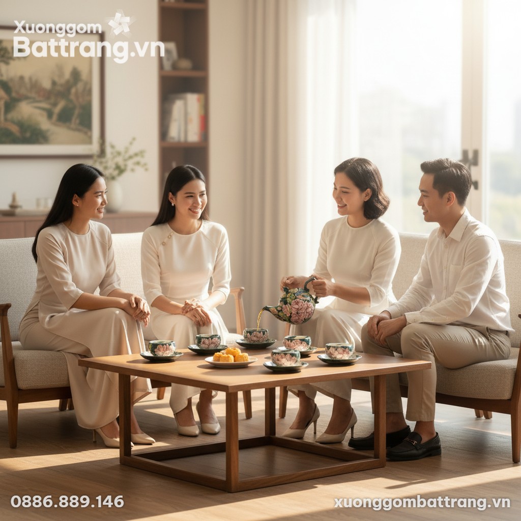 Bộ ấm chén hoa hồng Bát Tràng trên bàn trà gỗ, ...