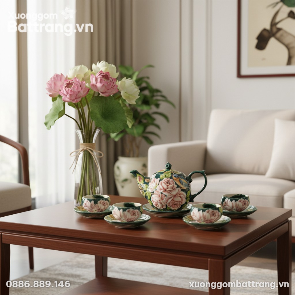 Bộ ấm chén hoa hồng Bát Tràng được đặt trang tr...