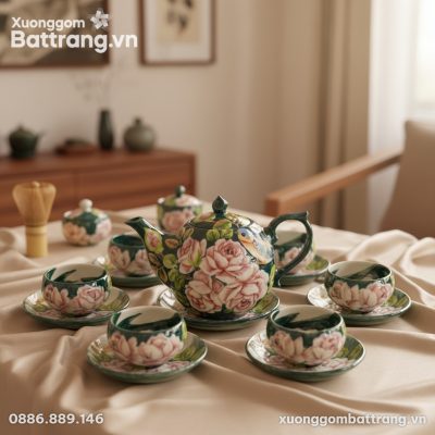 Cận cảnh ấm trà Bát Tràng vẽ hoa hồng trong men...