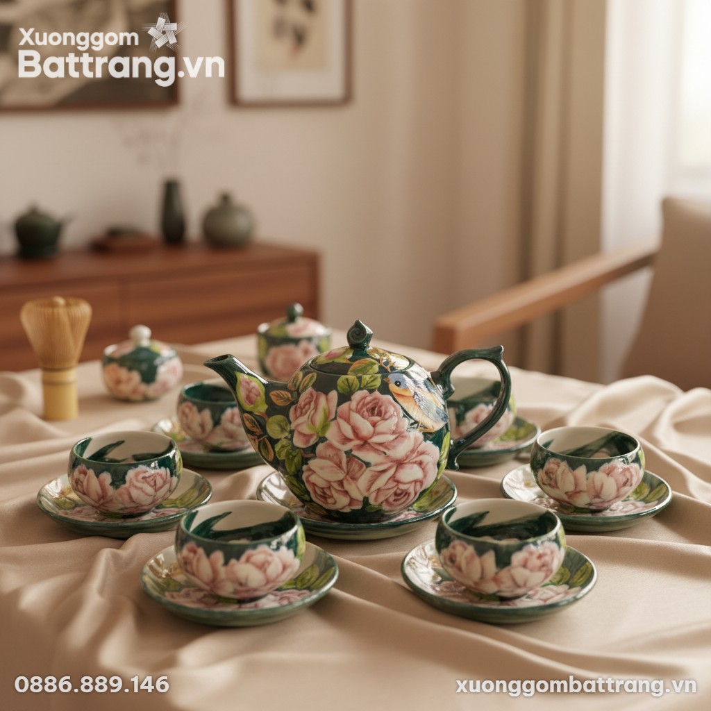 Cận cảnh ấm trà Bát Tràng vẽ hoa hồng trong men...