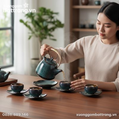 Một bộ trà men hỏa biến xanh rêu Bát Tràng đặt ...