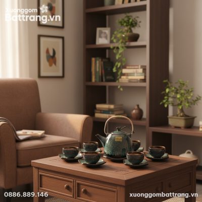 Cận cảnh bộ trà men hỏa biến xanh rêu Bát Tràng...