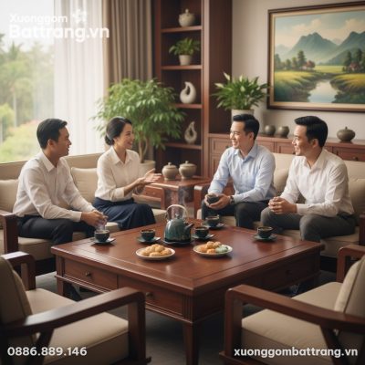 Bộ trà men hỏa biến Bát Tràng là trung tâm trên...