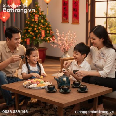 Bộ trà men hỏa biến Bát Tràng được đặt trên bàn...