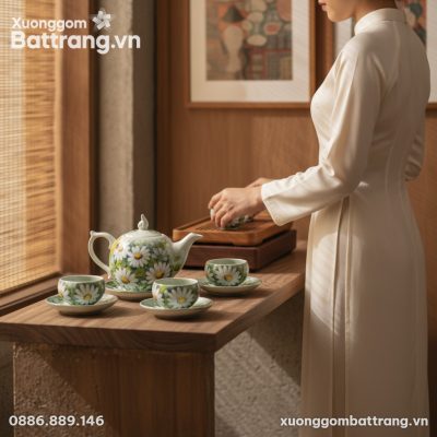 Bộ trà hoa cúc Bát Tràng được xếp gọn tinh tế t...