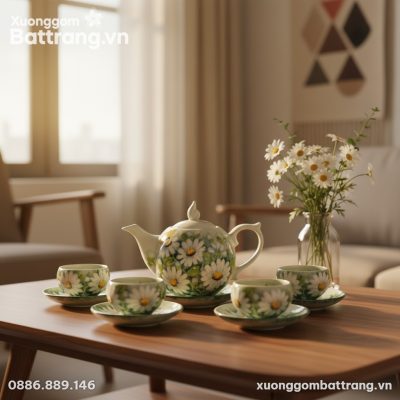 Cận cảnh bộ trà hoa cúc Bát Tràng được đặt tran...