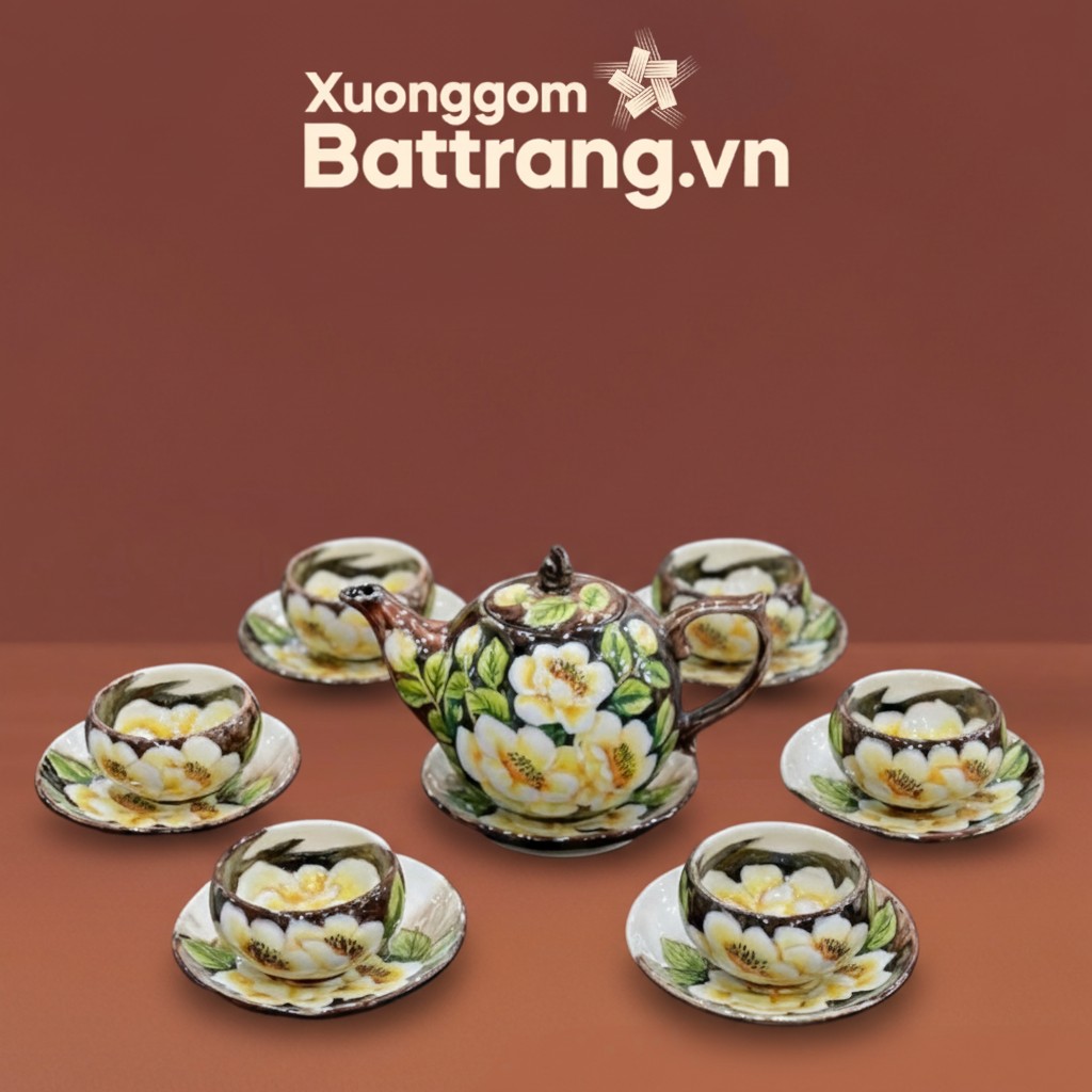 Bộ trà vẽ hoa vàng trong men nâu cao cấp Bát Tràng XG-AC15