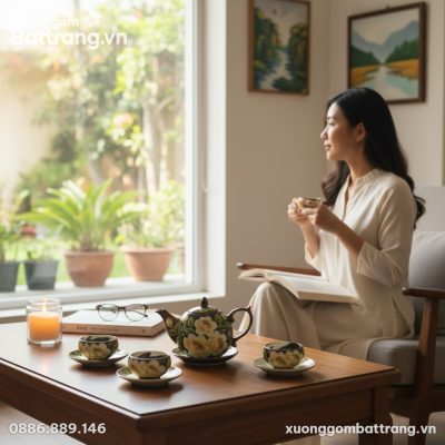 bộ trà Bát Tràng hoa vàng men nâu đặt trên bàn ...