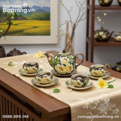 Cận cảnh bộ ấm trà Bát Tràng men nâu họa tiết h...