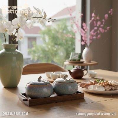 Cặp hũ mứt men hỏa biến tím dáng bí đặt trang n...