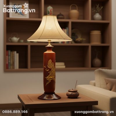 Cận cảnh đèn ngủ gốm Bát Tràng họa tiết cá chép...