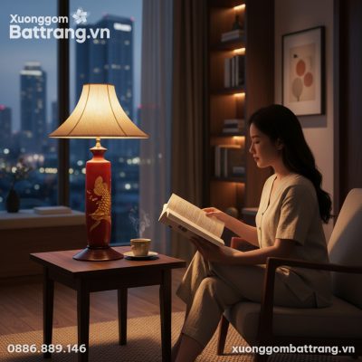 góc chụp cận cảnh Đèn gốm Bát Tràng cá chép vàn...