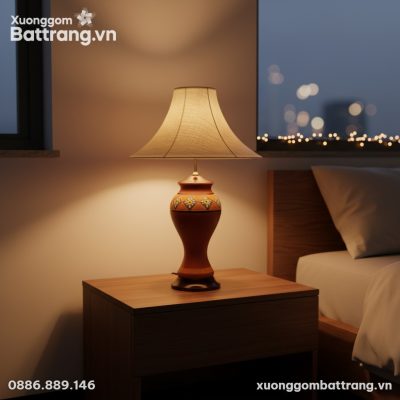 cận cảnh đèn ngủ gốm Bát Tràng họa tiết thổ cẩm...