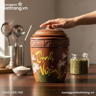 Cận cảnh hũ gạo gốm Bát Tràng với họa tiết hoa ...