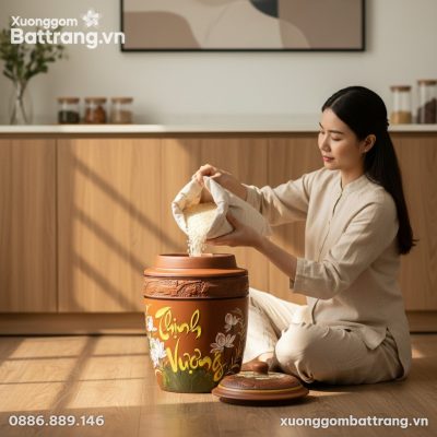 Hũ gạo Bát Tràng đặt trên sàn bếp gỗ trong căn ...