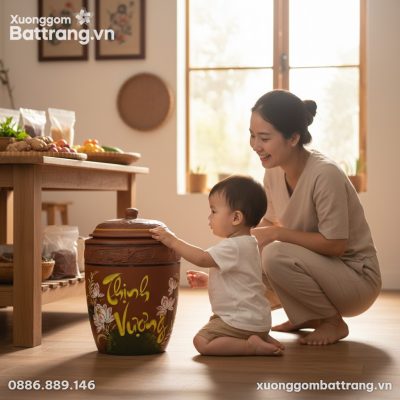Chiếc hũ gạo Bát Tràng XG-HG08, với hoa văn chữ...