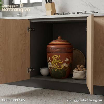 Cận cảnh hũ gạo gốm Bát Tràng Phúc Lộc Liên Hoa...