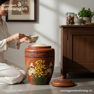 Hũ gạo gốm Phúc Lộc Liên Hoa 20KG đặt trên sàn ...