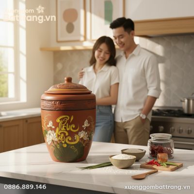 Hũ gạo gốm Phúc Lộc Liên Hoa 20KG kích cỡ lớn đ...