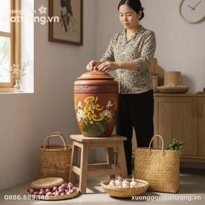 Hũ gạo gốm Phúc Lộc Liên Hoa 20KG kích cỡ lớn đ...