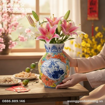 Cận cảnh lọ hoa Bát Tràng dáng giỏ cá cao 20cm,...