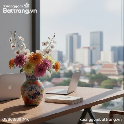 Lọ hoa gốm sứ Bát Tràng cao 20cm với họa tiết h...