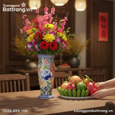 Lọ hoa Bát Tràng 30cm rực rỡ đặt trên bàn ăn gỗ...