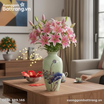 Lọ hoa sứ Bát Tràng cao 28cm, họa tiết hoa sen ...