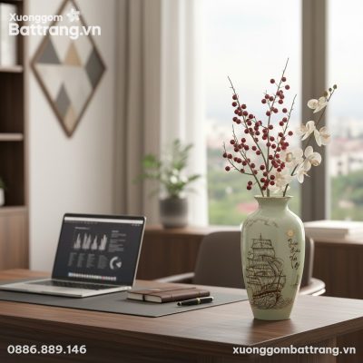 Lọ hoa sứ 'Thuận Buồm Xuôi Gió' 28cm trên bàn l...