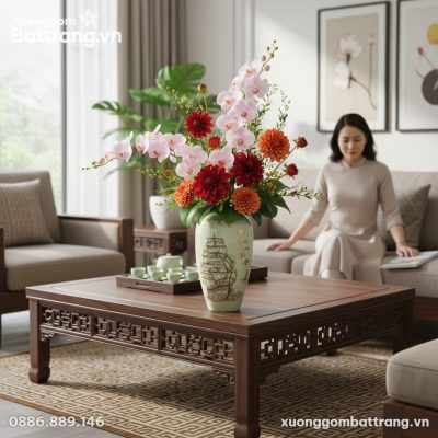 Cận cảnh lọ hoa sứ 'Thuận Buồm Xuôi Gió' 28cm c...