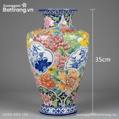 Kích thước Lọ Hoa Vai Vuông Vẽ Tay Họa Tiết Ngũ Sắc Hoa Bát Tràng XG-LH36