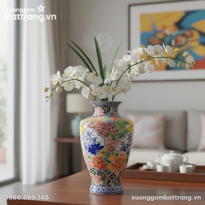Lọ hoa gốm Bát Tràng 35cm với họa tiết ngũ sắc ...
