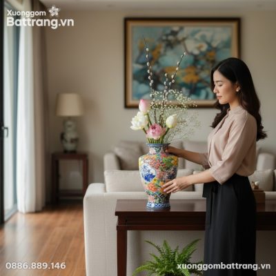 Cận cảnh lọ hoa gốm Bát Tràng 35cm, làm nổi bật...