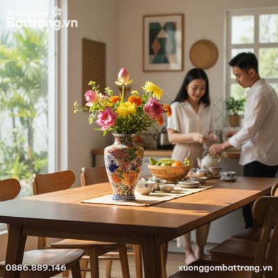 Lọ hoa gốm Bát Tràng 35cm với hoa tươi cắm bên ...