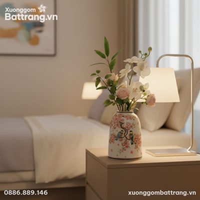 Cận cảnh lọ hoa Bát Tràng 20cm, men sứ trắng bó...