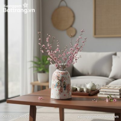 Lọ hoa Bát Tràng dáng chuông cao 20cm, họa tiết...