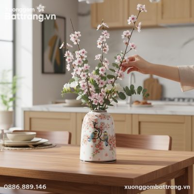 Lọ hoa gốm sứ Bát Tràng 20cm, với hoa văn chim ...
