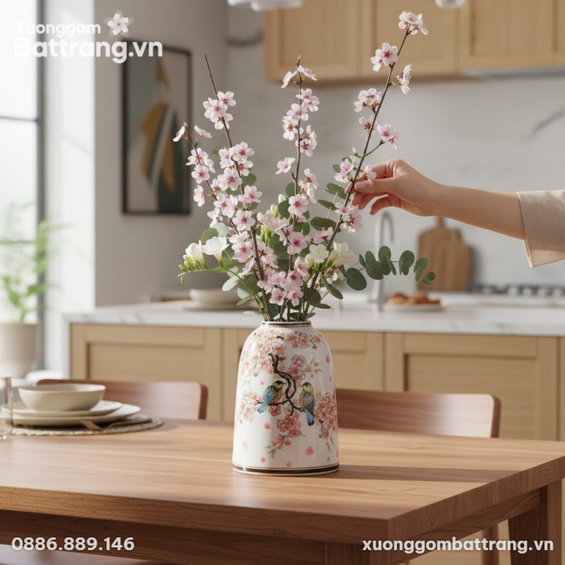 Chi tiết họa tiết chim én hoa đào trên lọ hoa vẽ tay