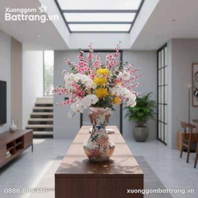 Chiếc lọ hoa gốm sứ Bát Tràng 33cm họa tiết chi...