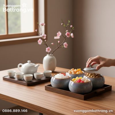 Cận cảnh set 4 hũ đựng mứt men hỏa biến và khay...