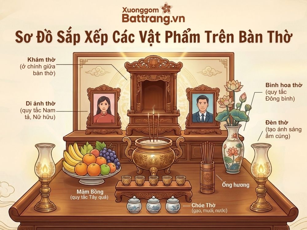Sơ đồ sắp xếp c&aacute;c vật phẩm tr&ecirc;n b&agrave;n thờ