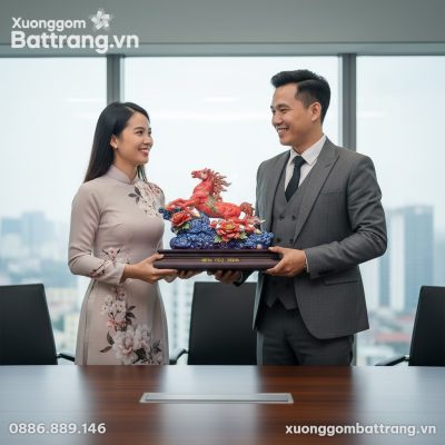 Tượng Hùng Vân Mã men đỏ vẽ vàng đặt trên bàn c...